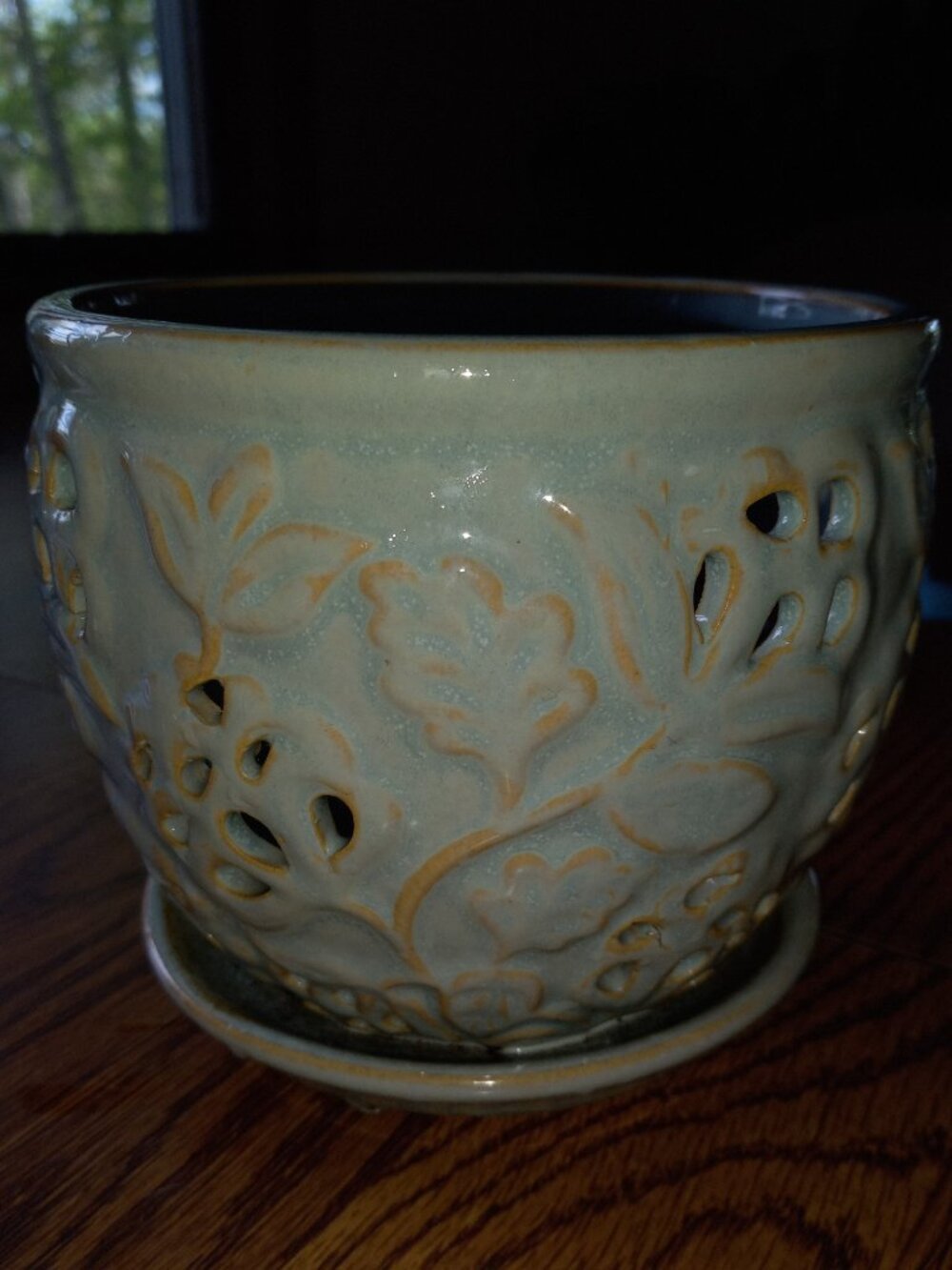 Ceramic orchid pot with attached saucer